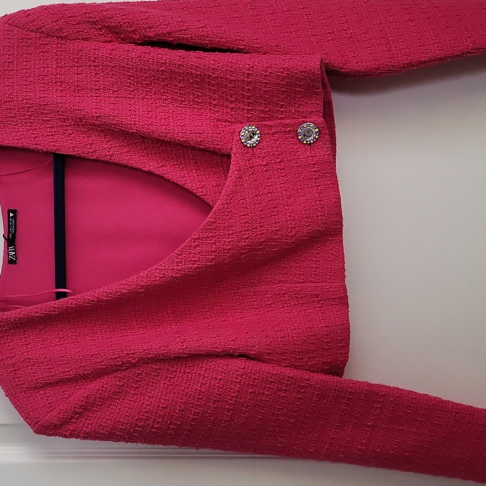 ZARA CROPPED PINK DIAMOND BUTTON BLAZER